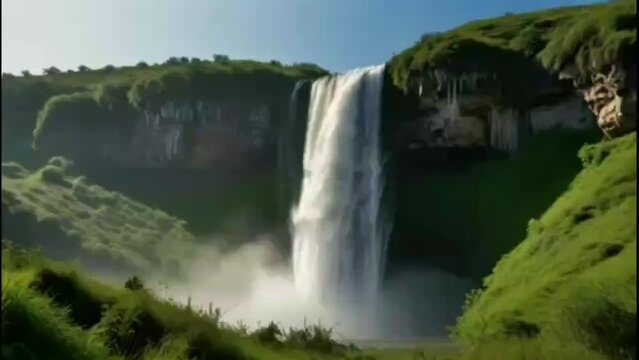 falling waterfall in the rock hills with green savana motion video