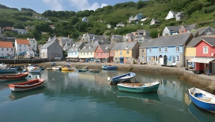 A quaint seaside village with fishing boats bobbin