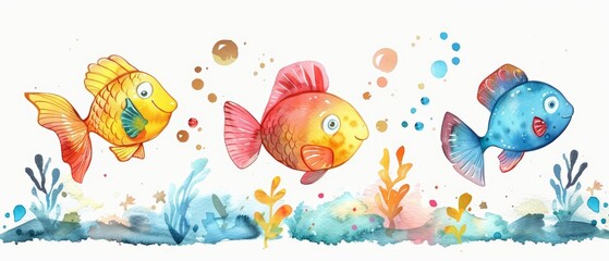 Obraz premium Exotic underwater creatures are illustrated in a cute creative cyber minimal charismatic watercolor painting