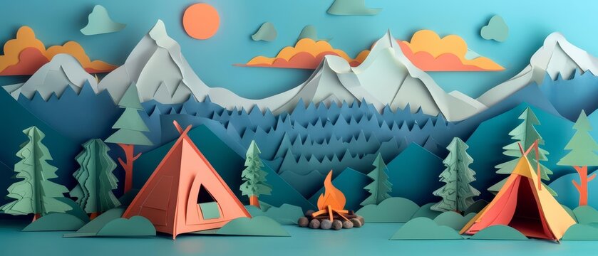 Enter the enchanted world of a paper art styled mountain camp scene, where tents and campfires invite adventure, perfect for outdoor and adventurethemed banners