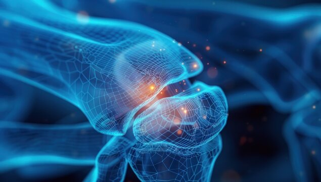 Cross-section of a knee joint, with jagged lines indicating meniscus tears and cartilage damage.