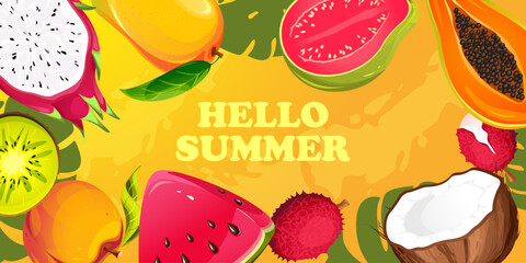 Hello summer.Summer background with tropical fruits watermelon,papaya,mango,lychee,coconut.Vector illustration.