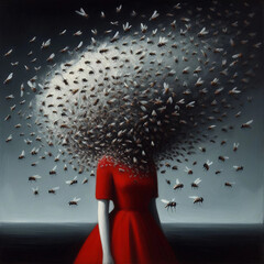 Surreal picture, woman and flies.