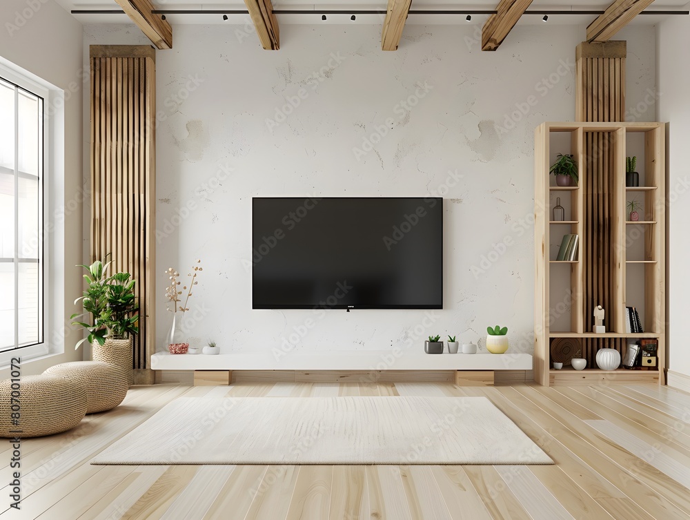 Wall mural Empty living room mockup a TV wall mounted with leather sofa in living room with cream color wall
