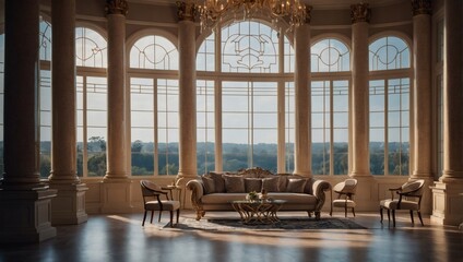 Experience the grandeur of a room adorned with elegant columns and a generous window, blending classical design with modern comfort and style.