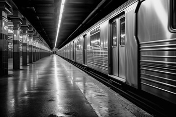 Naklejka premium subway train in motion blur, black and white Photography