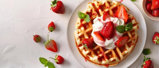 Indulge in a Belgian waffle, topped with strawberries and cream, ideal for a sweet treat, with a solid background and copy space on center for advertise