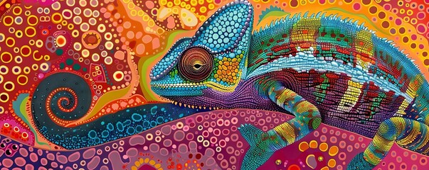 A brilliantly colored chameleon blending seamlessly into a psychedelic, patterned background