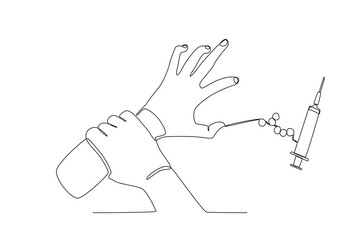Single continuous line drawing of Hands holding back from injecting drugs. anti dryg day. Medical healthcare conceptual. National Pharmacist Day. Vector illustration
