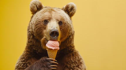 Studio portrait of brown bear eating ice cream and standing isolated on yellow background, copy space for text