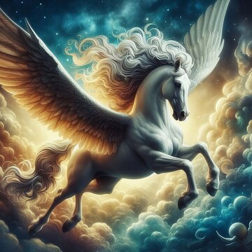 Pegaso alado volando en la estratosfera.