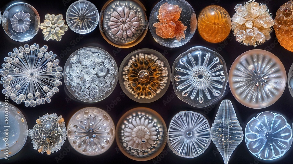 Poster a set of glass plates aligned on a black table with various shaped objects scattered around