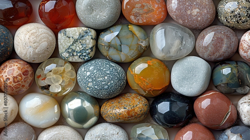 Aufkleber a diverse stack of multicolored stones atop a stark white background, adorned with an array of vibra