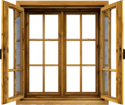 Wooden double door window with open shutters cut out on transparent background