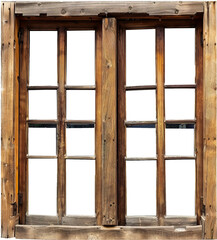 Wooden double door window with open shutters cut out on transparent background