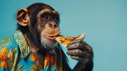 Studio portrait of anthropomorphic chimpanzee with hawaiian shirt eating pizza and standing isolated on blue background, copy space for text