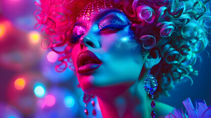 Obraz premium an elegant drag queen in colorful makeup and wigs, posing on stage with dramatic lighting and colorful backdrops AI