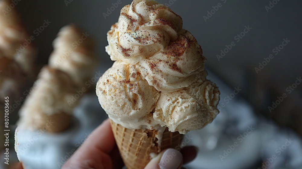 Poster an ice cream cone with cinnamon sprinkles is held by one hand, while another ice cream cone with cin