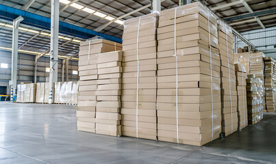 chipboard on an industrial roller conveyor belt in a fully automated factory. 