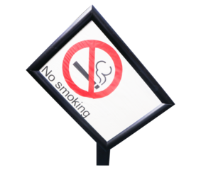Signs or sign symbolize white plastic with red letters NO SMOKING isolated on cut out PNG or transparent background. It is symbol notifying people to use service in restaurants or parks.