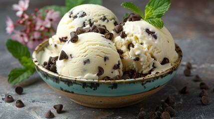   Two scoops of ice cream sit in a bowl, topped with chocolate chips and mint sprinkles