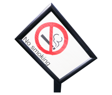 Signs or sign symbolize white plastic with red letters NO SMOKING isolated on cut out PNG or transparent background. It is symbol notifying people to use service in restaurants or parks. - Powered by Adobe
