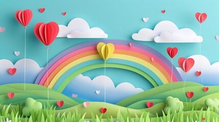 Revel in a naturethemed childrens day illustration, complete with rainbows and heartshaped balloons in paper art style, adding a touch of whimsy to your event banners