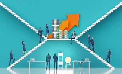 Successful business people are working in office next to super computer. Business environment concept with stairs representing achievement, growth and success. 3D rendering