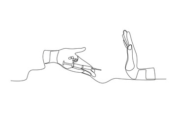 Single continuous line drawing of Hands that refuse to use drugs. anti dryg day. Medical healthcare conceptual. National Pharmacist Day. Vector illustration
