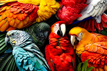 Obraz premium Group of colorful parrots sitting next to each other on table.