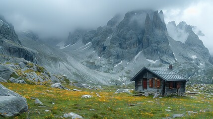   A cabin in a field of flowers before mountains with a cloudy sky