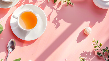 Cup of tea sits on saucer on pink surface next to flowers.