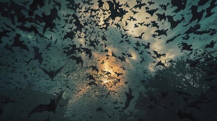 A colony of bats emerging at dusk from an abandoned factory, forming swirling patterns in the twilight sky