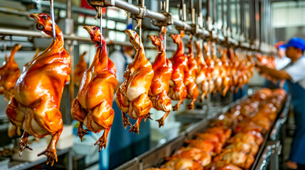 Bunch of chicken hanging from line in room with other food items.
