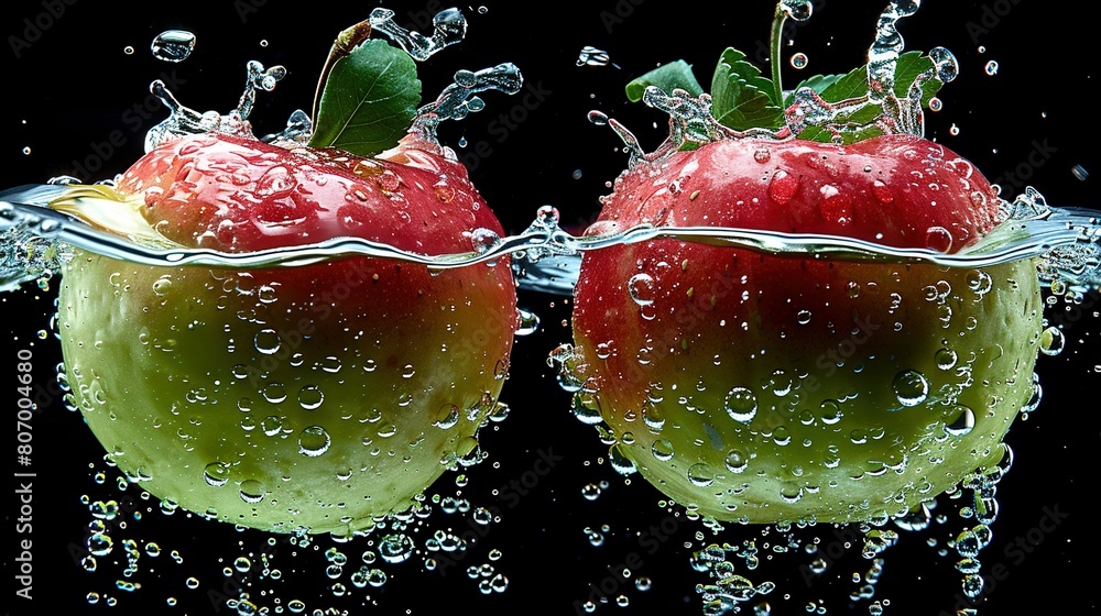 Poster a pair of red and green apples with water droplets splashing around them and a green apple with a le