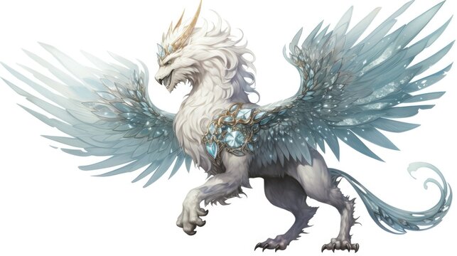 Crystal gryphon watercolor illustration - Generative AI. White, blue, gryphon, crystal, wings.