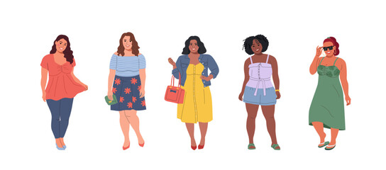 Set of plus size different fashion women.Body positive movement and beauty diversity.Vector cartoon flat style illustration