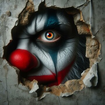 A scary clown looks through a gap in the wall