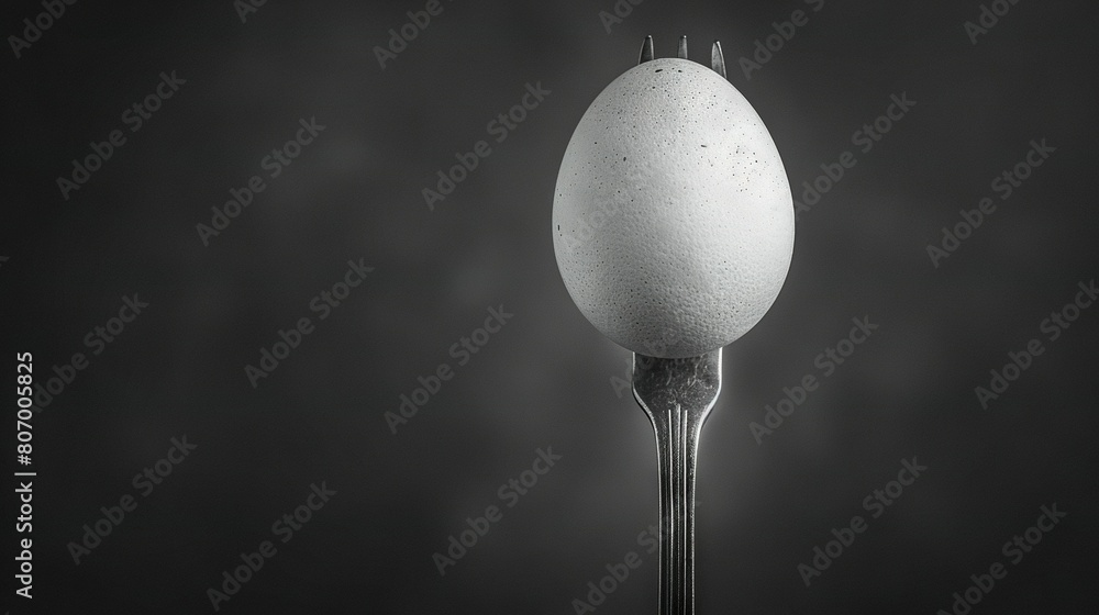 Poster a b&w image of a fork holding an egg at its tip and another egg in the center of the fork