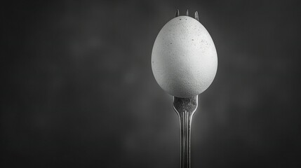   A B&W image of a fork holding an egg at its tip and another egg in the center of the fork
