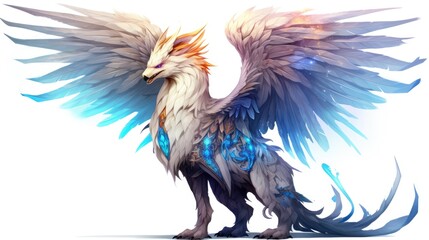 Obraz premium Crystal gryphon watercolor illustration - Generative AI. White, blue, gryphon, crystal, wings.