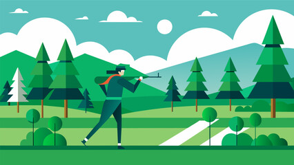 Smooth green fields and tall trees stand as the backdrop for this exciting biathlon where competitors must balance their speed and agility with their. Vector illustration