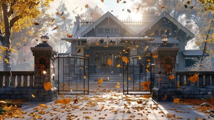 Crisp fall day at a craftsman house, leaves swirling around the rod gate adorned for the season.