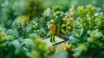 Eco Blogger Reviewing Green Apps on Phone: An eco blogger reviews environmentally friendly smartphone apps in an isometric scene with garden bokeh   3D Icon Concept