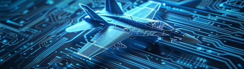 A digital representation of a fighter jet is shown flying over a circuit board. The jet is blue and the circuit board is green. - obrazy, fototapety, plakaty