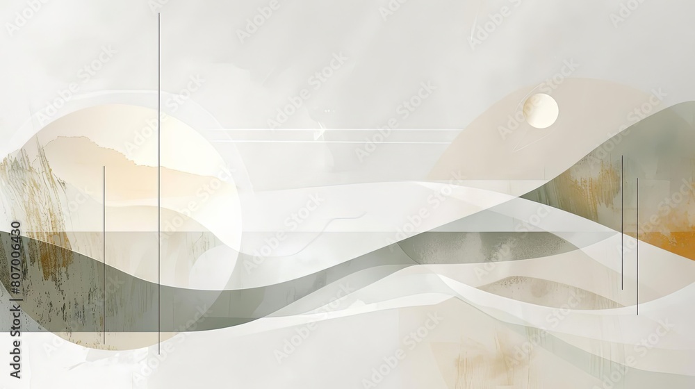 Poster clean and modern abstract composition with ethereal elements, featuring a white circle, a red square, and a green triangle arranged in a diagonal pattern
