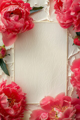 Elegant Pink Peonies Bordering Blank Embossed Paper on a Pristine White Background with copy space. invitation card