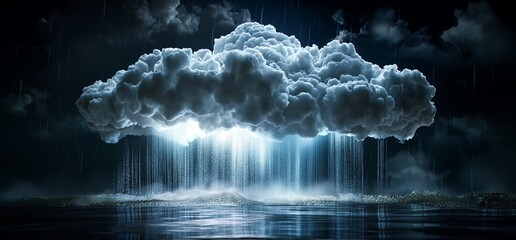 A white neon cloud with rain falling from it floating in the dark.