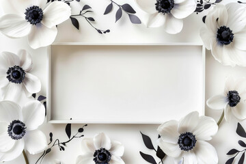 Elegant White Anemones Surrounding a Space for Text or Artistic Design Elements, copy space. invitation card