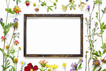 Antique Wooden Picture Frame With Diverse Wildflowers Scattered on a White Background with copy space. invitation card